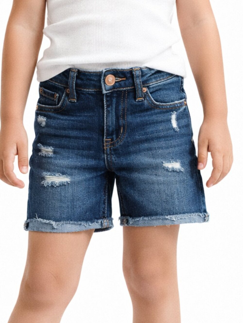 Jordache Girls Indigo Denim Distressed Jeans Tan Patch Cuffed Raw Hem Size 7